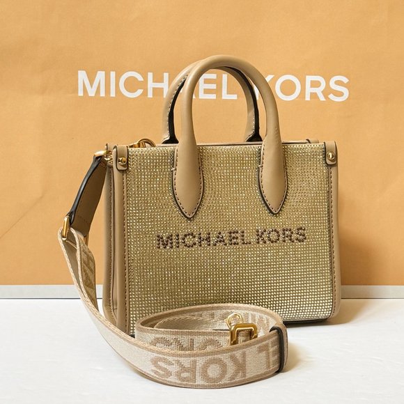 Michael Kors Mirella XS MINI Shopper Tote Shoulder Crossbody Bag Sequins Camel - Picture 2 of 13